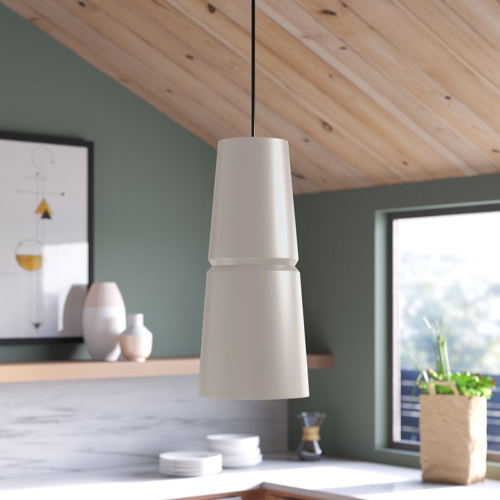 Logan Dimmable Ceramic Single Light Pendant, 18" H x 8" W x 8" D, Greco Travertine, Polished Chrome