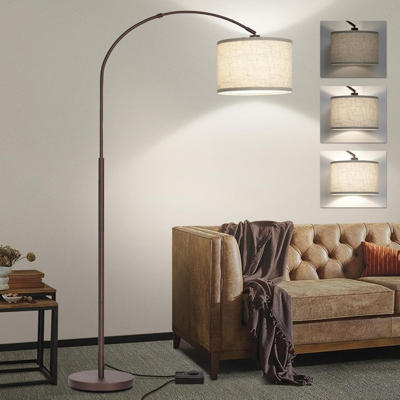 Dimmable Arc Floor Lamp With Adjustable Shade, Brown Tall Pole Lamp, Mid-Century Style For Living Room, 9W LED Bulb
