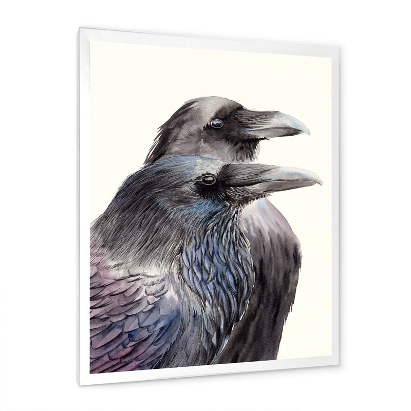 Deux corbeaux noirs avec des plumes noires et bleues - peinture sur toile, H 40 po x l 30 po