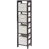 Winsome Wood 4-Section Storage Shelf With Foldable Fabric Baskets, Open Airy Design, Solid And Composite Wood Construction
