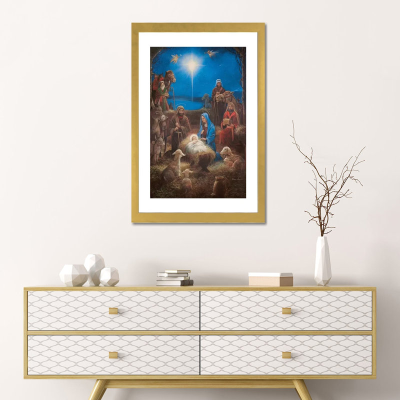 La Nativité par Ruane Manning - reproduction d'art, H 24 po x l 16 po x P 1 po, Blanc, Papier encadré doré