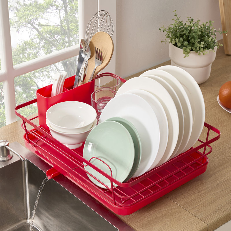 3-piece Multi-functional Dish Drying Rack With Drain Board & Utensil Holder - Black, Red