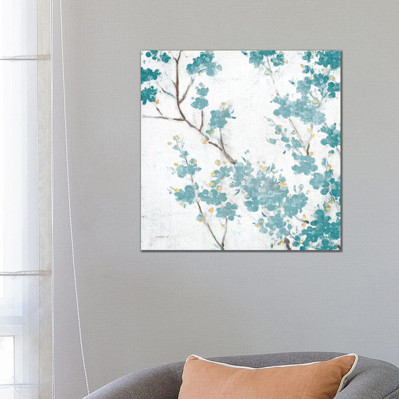 Teal Cherry Blossoms II On Cream Aged, No Bird by Danhui Nai - Wrapped Canvas Painting, 66.04 cm H x 66.04 cm W x 1.91 cm D