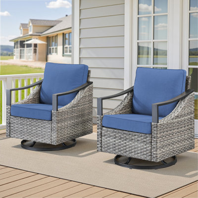 Outdoor Swivel Rocking Glider Chairs Set Of 2, Outside All-Weather Gray Wicker Patio Rocker Chairs With Blue Cushions For Porch Or Backyard