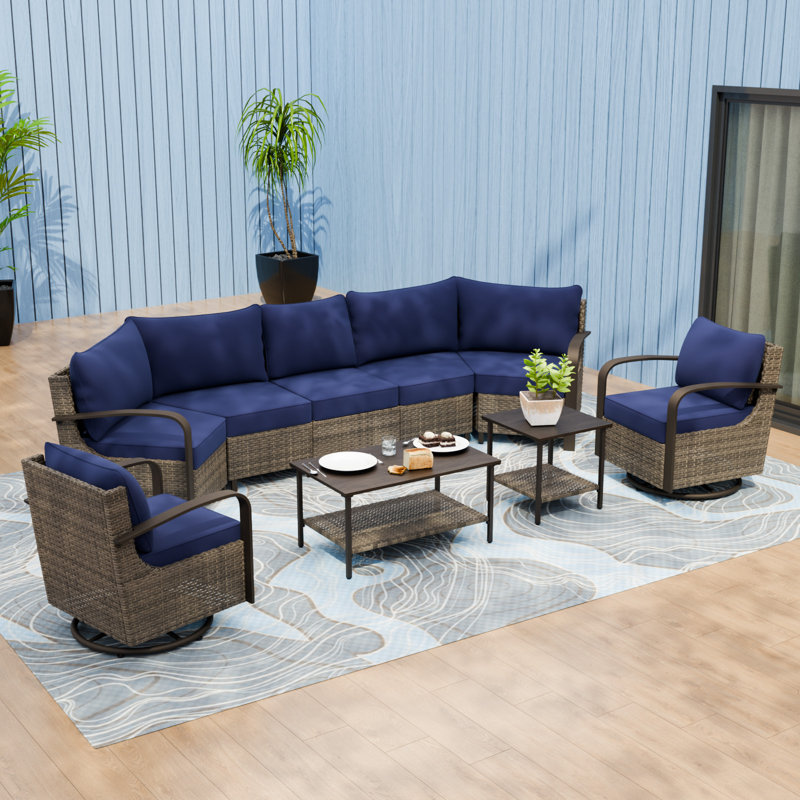 7 - Person Patio Conversation Set with Swivel Lounge Chairs, Blue