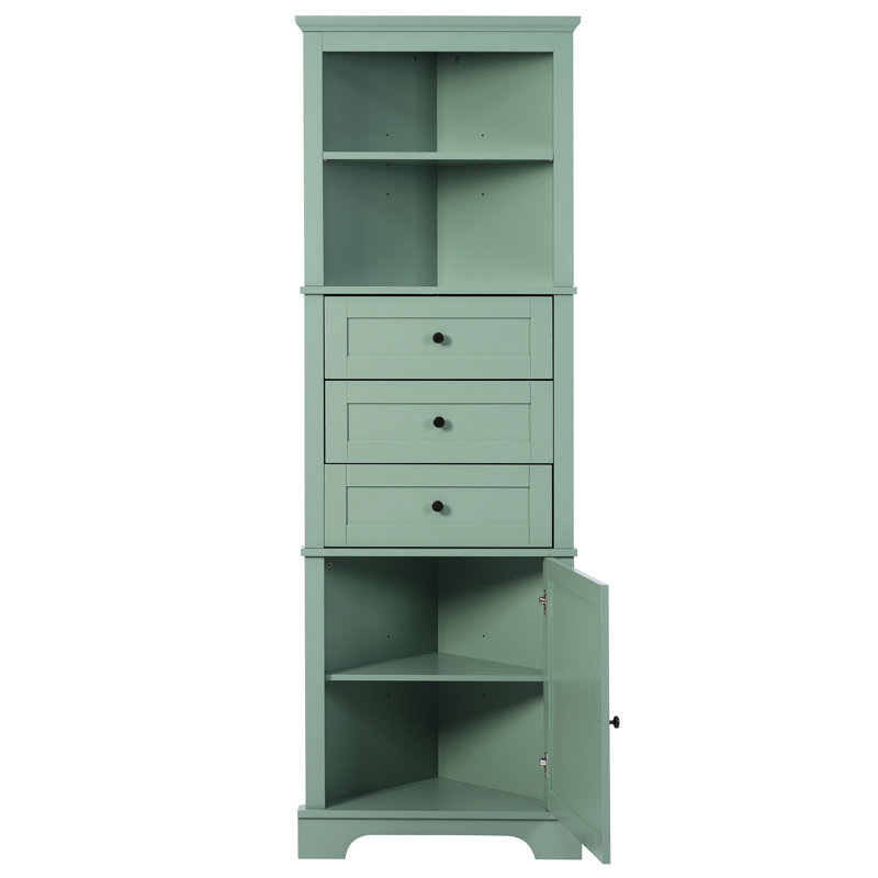 Armoire haute triangulaire avec 3 tiroirs et tablettes réglables, Vert