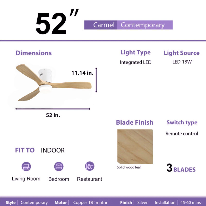 52" Solid Wood 3-Blade Low Profile Ceiling Fan With Integrated LED Light, DC Motor, Smart Remote Control & Reversible Airflow