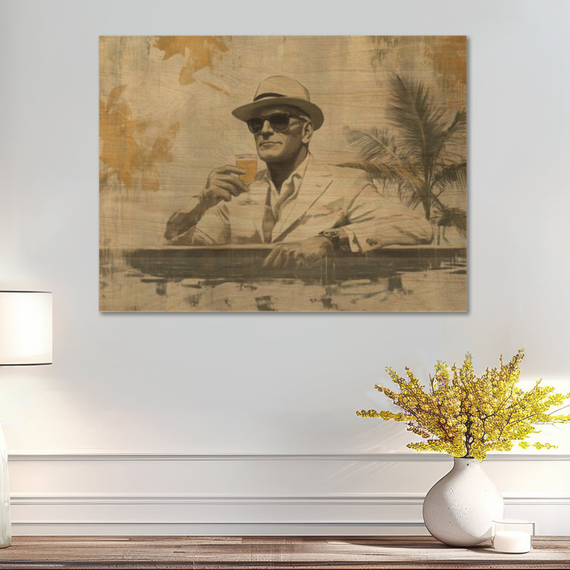 Gentleman au bord de la piscine - Affiche murale vintage en bois, H 18 po x l 24 po