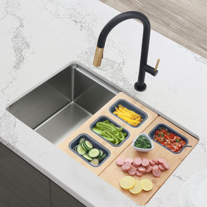 Kitchen Sink Bamboo Serving Board Set With 3 Collapsible Containers, 0.87" H x 18" W x 8.5" D