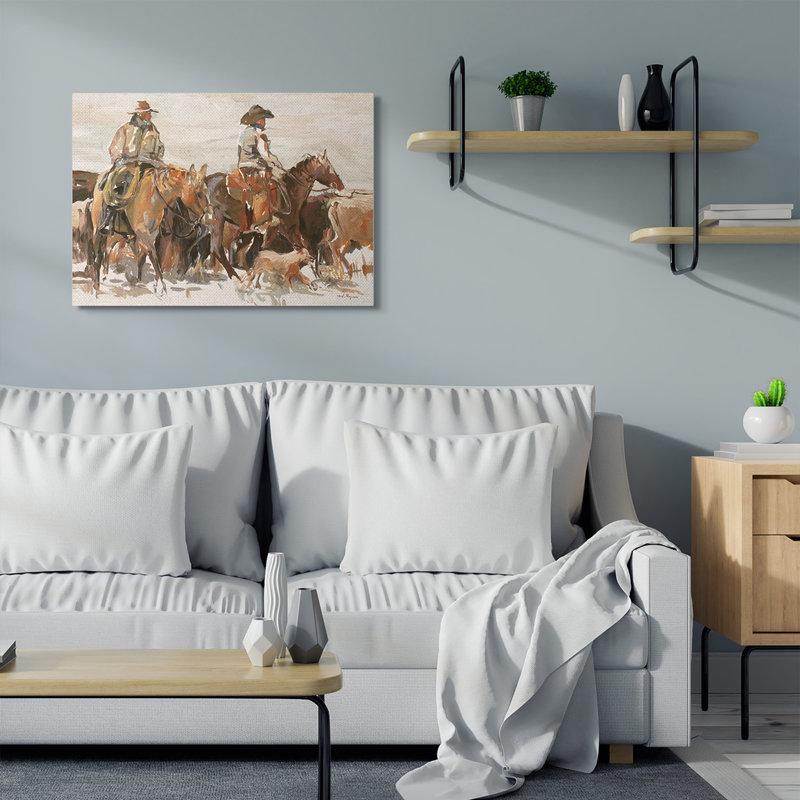Cowboys and Horses Farm Western, peinture sur toile tendue XXL par Marilyn Hageman, H 30 po x l 40 po x P 1,5 po