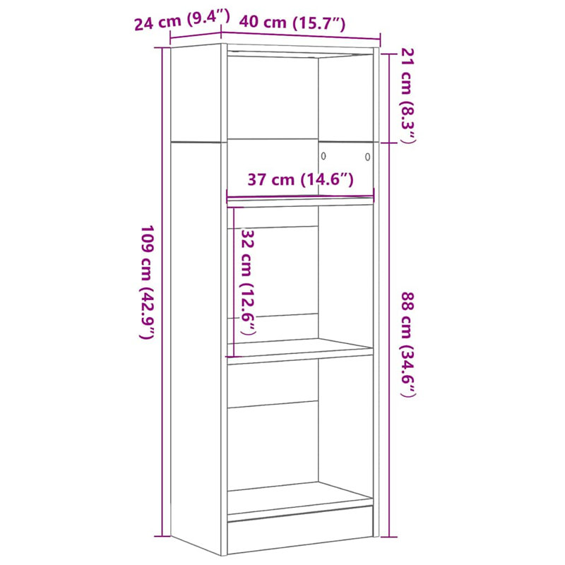 Bookshelf Engineered Wood, (3 Shelves) 109cmH x 40cmW x 24cmD, Black