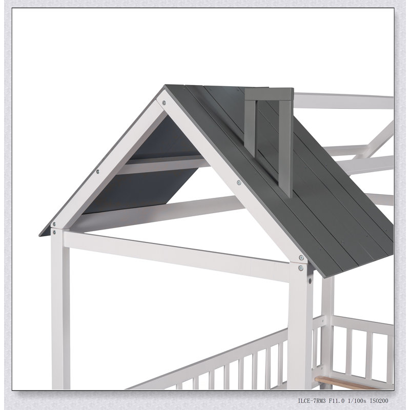Wood House Bed With Fence, White/Gray, Twin