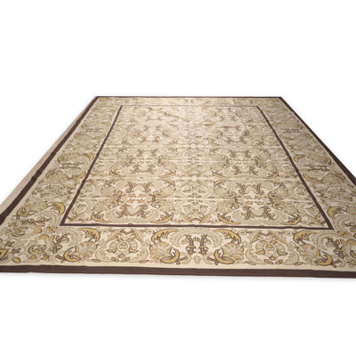 Tapis vintage à tissage plat rétro Aubusson beige 9 pi 0 po x 12 pi 0 po Renaissance