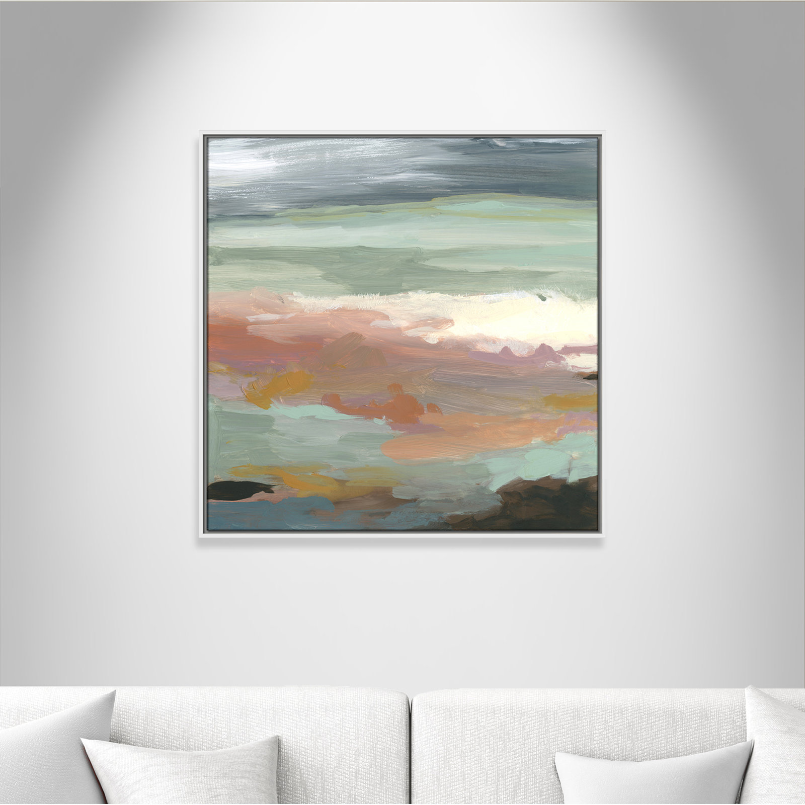 Bingham "Ocean Bluffs" Painting by Carol Robinson, Picture Framed Canvas, 31.5" H x 31.5" W, White