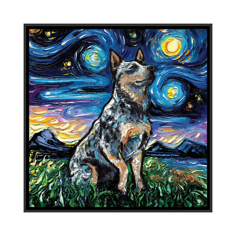 « Blue Heeler Night » par aja Trèves, reproduction d’art, H 26 po x l 26 po x P 1,5 po, Toile avec cadre noir, Pas de tapis