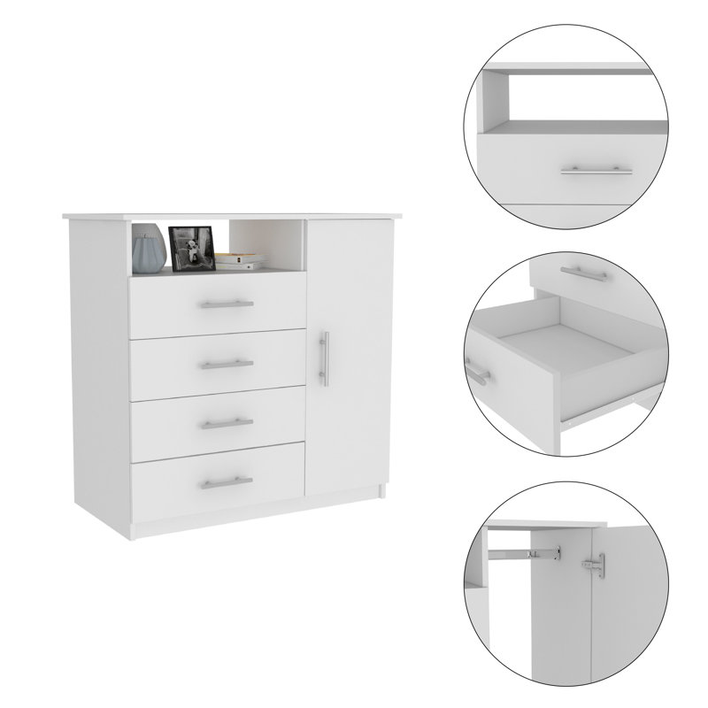 Sierra Dresser with Four Drawers, One Compartment and Open Shelf, Freestanding Bedroom Storage, White