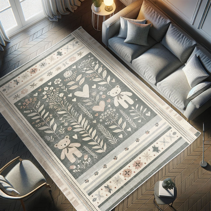 Nordic Botanical Motif Blue Synthetic Area Rug