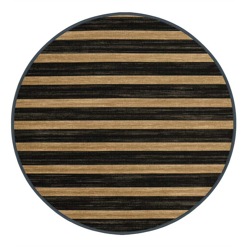 Machine Washable Horizontal Stripes Black Area Rug, Round 7'