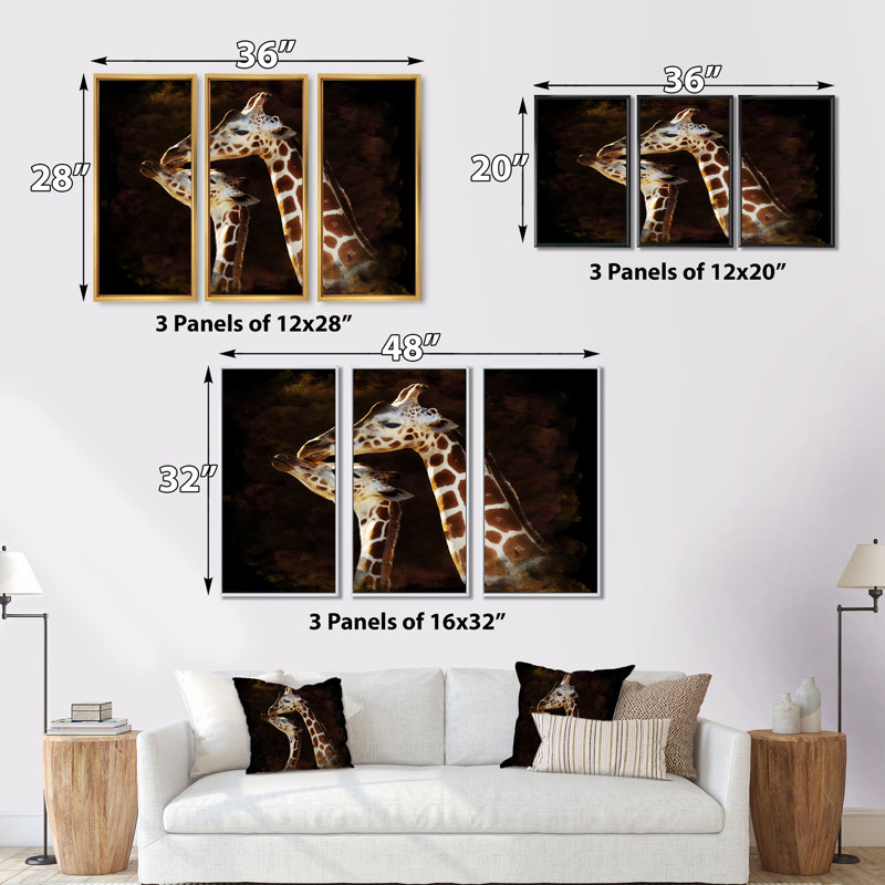 Portrait of Two Giraffes Kissing I - 3 pièces, reproduction sur toile, H 28 po x l 36 po x P 1 po, Cadre brun