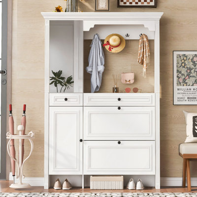 Arbre d'entrée 54,7 po avec armoire à chaussures intégrée, porte à miroir, porte-manteau et banc d'entrée, design 4 en 1, 2 tiroirs rabattables, 4 crochets et 2 armoires pour l'entrée et le salon