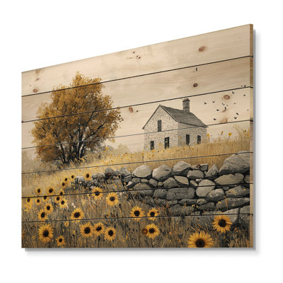 Barn Sunflowers And The Stone Wall II - Sunflowers Wood Wall Art - On Natural Pine Wood