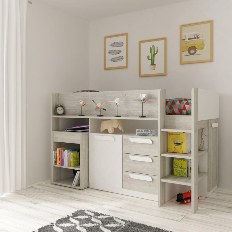 Loren European Single (90 x 200cm) 3 Drawer Mate's & Captain's Mid Sleeper Loft Bed Bed with Bookcase, Grey/White