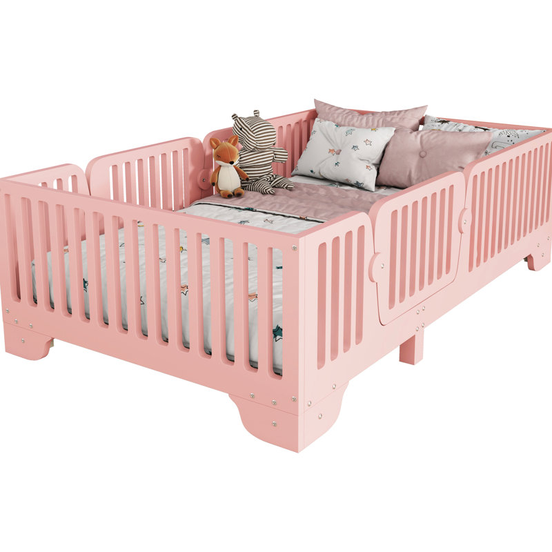 Lit simple au sol rose, porte pour le plaisir, support à 8 lattes égales, lit avec porte facilitant la conception, design, profil bas, aucun sommier requis