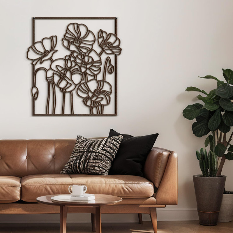 Abstract Floral Line Art Wall Decor Modern Abstract Wall Accent Sculpture Hanging Decoration Metal Wall Decor, Brown