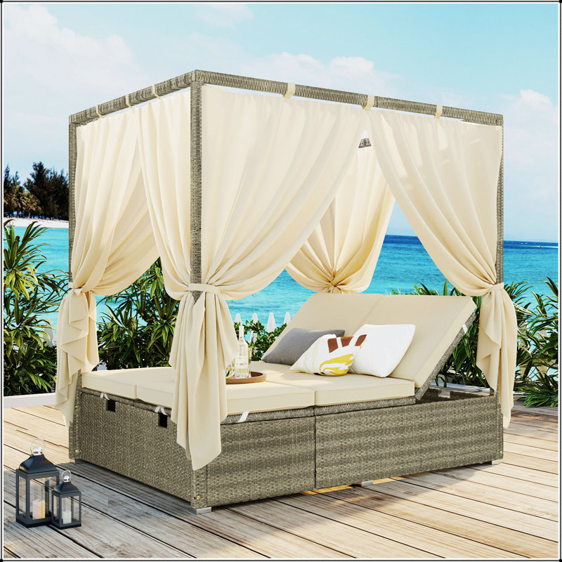 Adjustable Sun Bed With Curtain,High Comfort,With 3 Colours, Beige