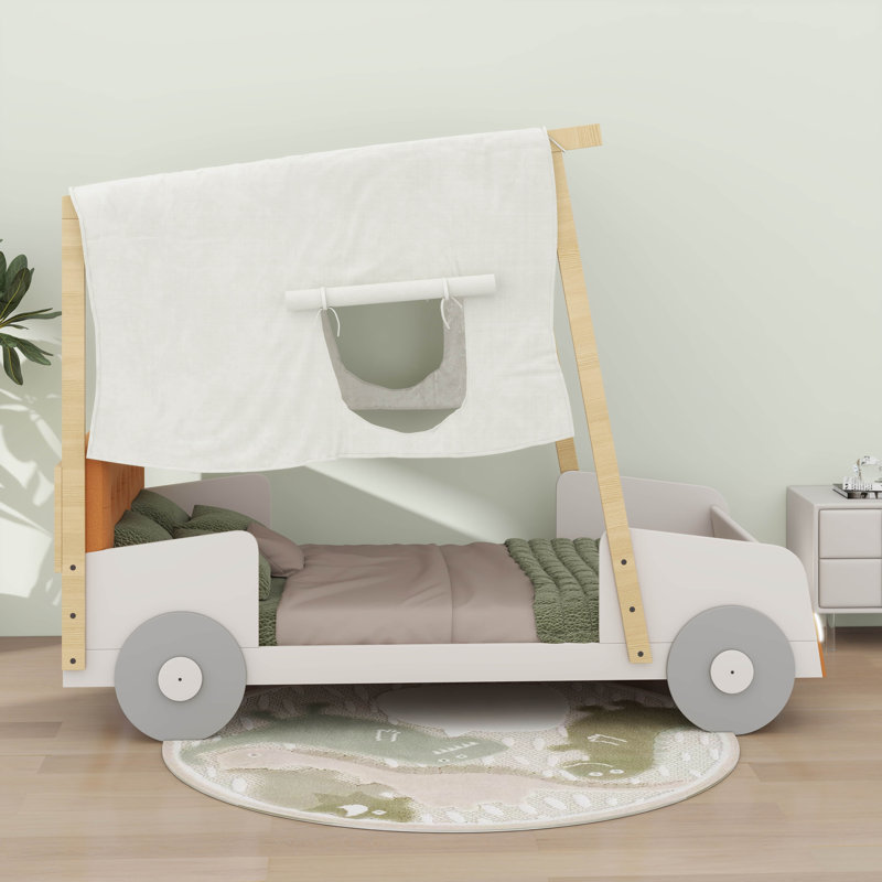 Lit de voiture avec toile de plafond, cadre de lit en bois avec oreiller et lumière DEL, Lit simple