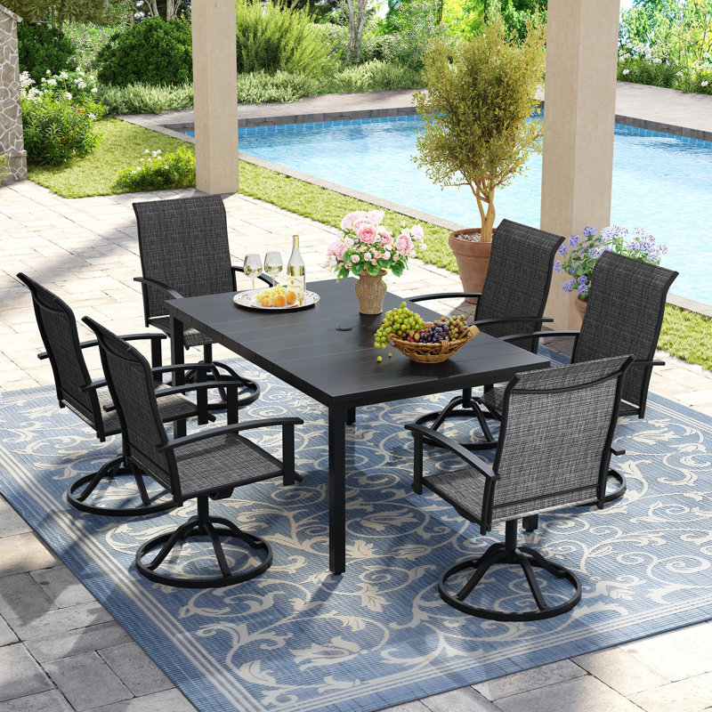6-Person Rectangular Patio Dining Set With 360° Swivel PVC-coated polyester Chairs, Black/Gray