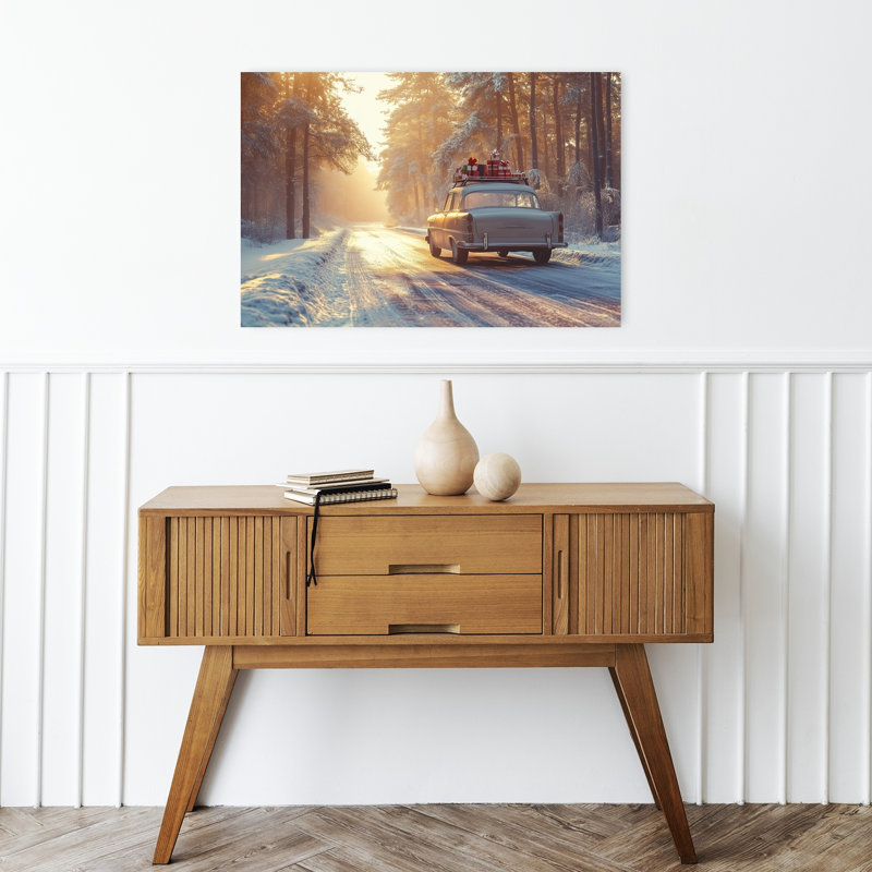 «Christmas Road Trip», rétro, rétro, forêt naturelle, impression d'art mural, H 16 po x l 24 po