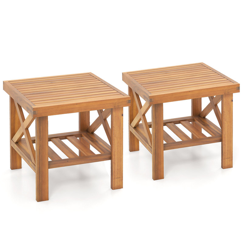  2PCS Outdoor Side Table Acacia Wood Adirondack Table w/ Storage Shelf Natural, 2