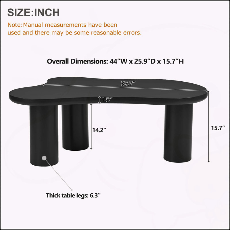 Table basse de 44 po x 25,9 po à assemblage facile avec plateau de 1,5 po d'épaisseur, table de bout irrégulière de style crème avec 3 pieds robustes, table centrale élégante avec bord rond pour le salon
