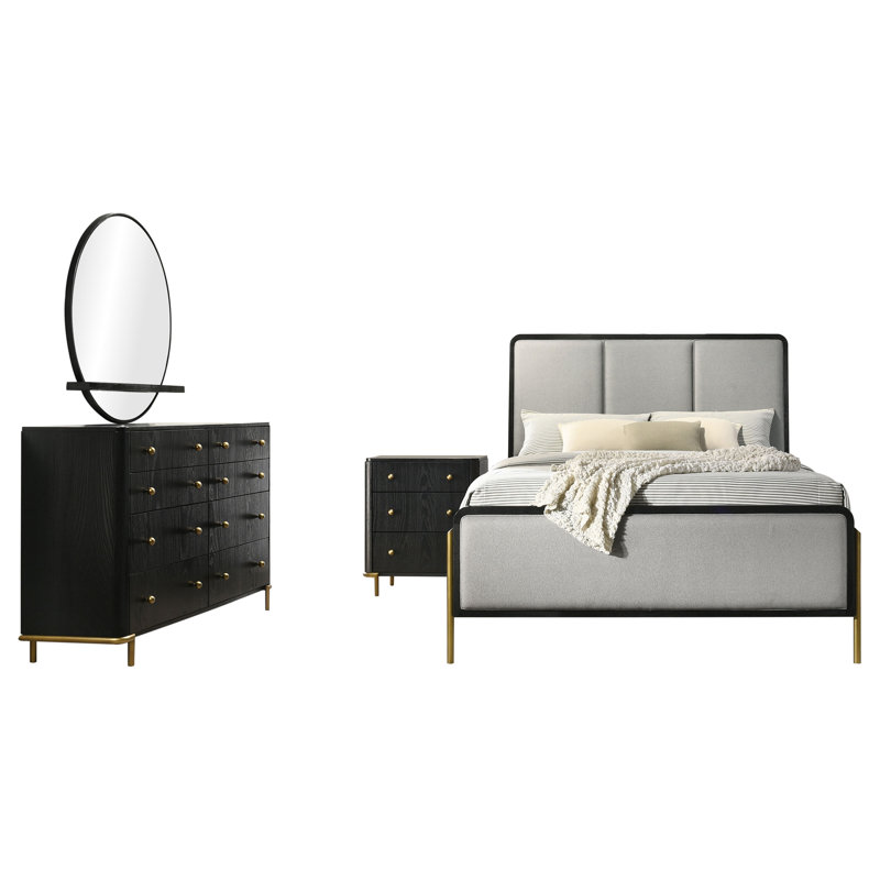 Ensemble de chambre avec grand lit 4 pièces Maxine - noir et gris, 4 Pcs: Dresser; Mirror; Bed; Nightstand, Grand