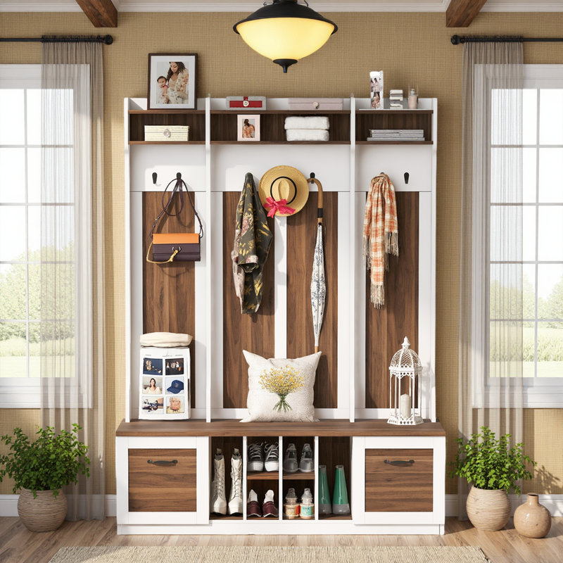Arbre d'entrée tout-en-un l 58,8 po avec banc, 7 crochets, rangement pour chaussures, Brun