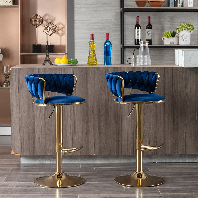 Tabourets de bar, avec repose-pieds chromé et base pivotante réglable en hauteur, Bleu
