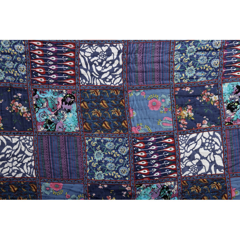 Exotic India Pure Cotton Quilt With Reversible Feature And Patchwork And Floral Vines, Multicolor Floral 3