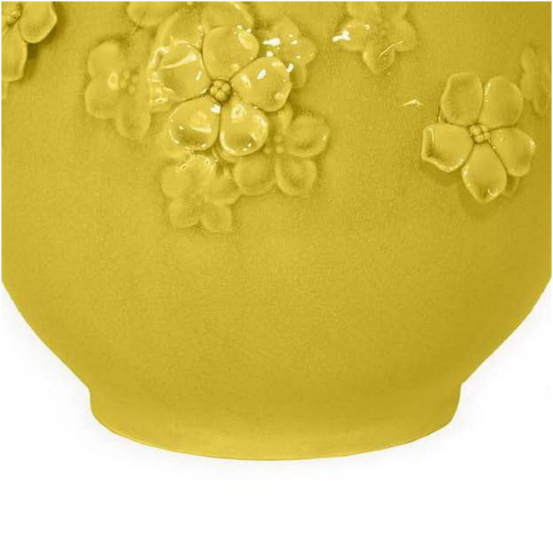 Remi Flower Vase, Decorative Yellow Ceramic w Floral Motifs, 11 Inch
