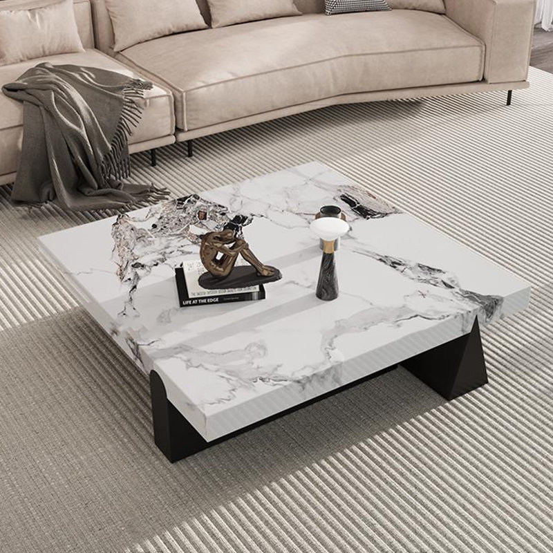 Light luxury square rock panel coffee table, 13.8" H x 39.4" L x 39.4" W, White/Multicolor