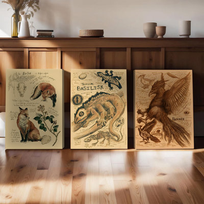 3PCS Wall Arts Posters Framed, Vintage Scientific Illustration Canvas Wall Art Set of 3 - Red Fox Basilisk Phoenix Botanical Sketch Animal Decor for Living Room Bedroom Study Home Office Rustic Educational Art Prints