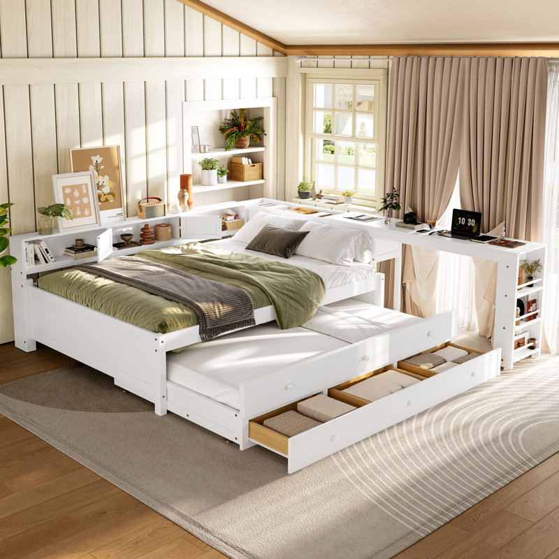 Full Size Wood Daybed with Trundle, Storage Drawers, Side Shelves and Built-In Desk, White, White, Full