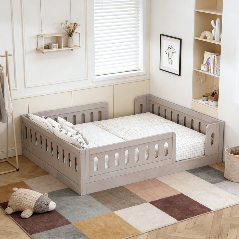 Lit plateforme en bois avec garde-corps, Blanc, Lit simple 