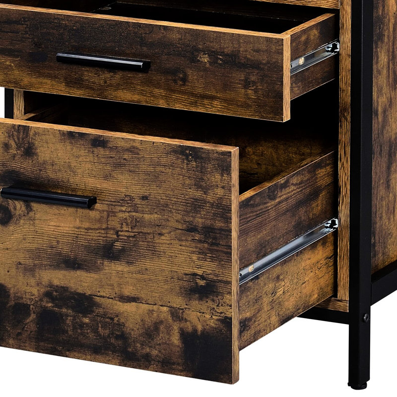 Table de chevet en chêne avec deux tiroirs et un compartiment de rangement avec charnières en métal rustique