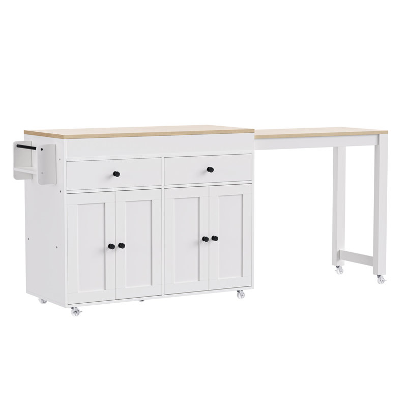 74.5" Rolling Kitchen Island With Extendable Dining Table, Storage Cabinet, 2 Drawers & Spice Rack On Wheels, White, White