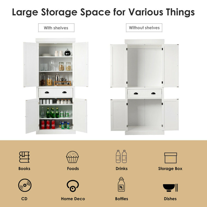 White 72" Freestanding Kitchen Pantry Cabinet with Adjustable Shelves
