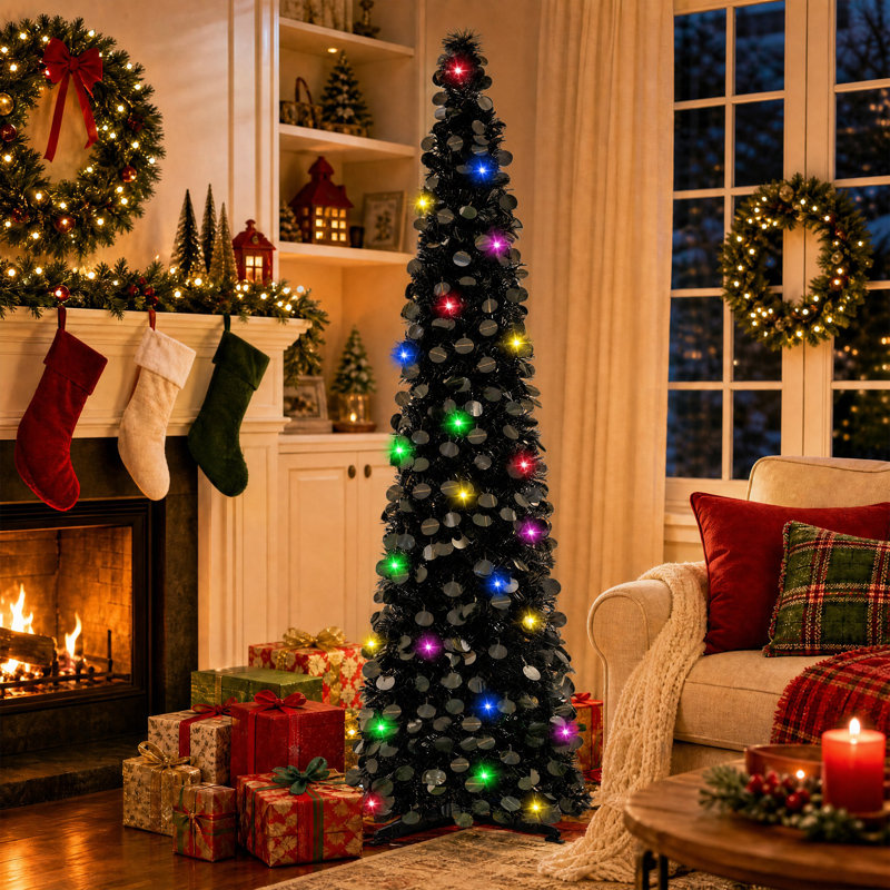 Sapin de Noël miniature illuminé de 1,5 m, pliable et mince, avec 70 lumières multicolores, idéal pour décorer les petits espaces pendant les fêtes.