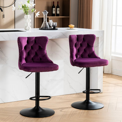 Velours mauve, siège réglable de 25 à 33 pouces de hauteur, base de 17,7 po, rivets martelés à la main, confortable pour la maison et le pub, de 2 tabourets de bar en velours, dossier, siège de 25 à 33 po, tiroirs stables, têtes de clou,