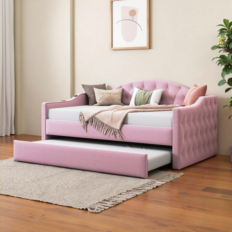 Lit de jour capitonné capitonné avec lit gigogne escamotable, ports de chargement USB et Type-C intégrés, aucun sommier requis, solution de siège et de couchage à double fonction.