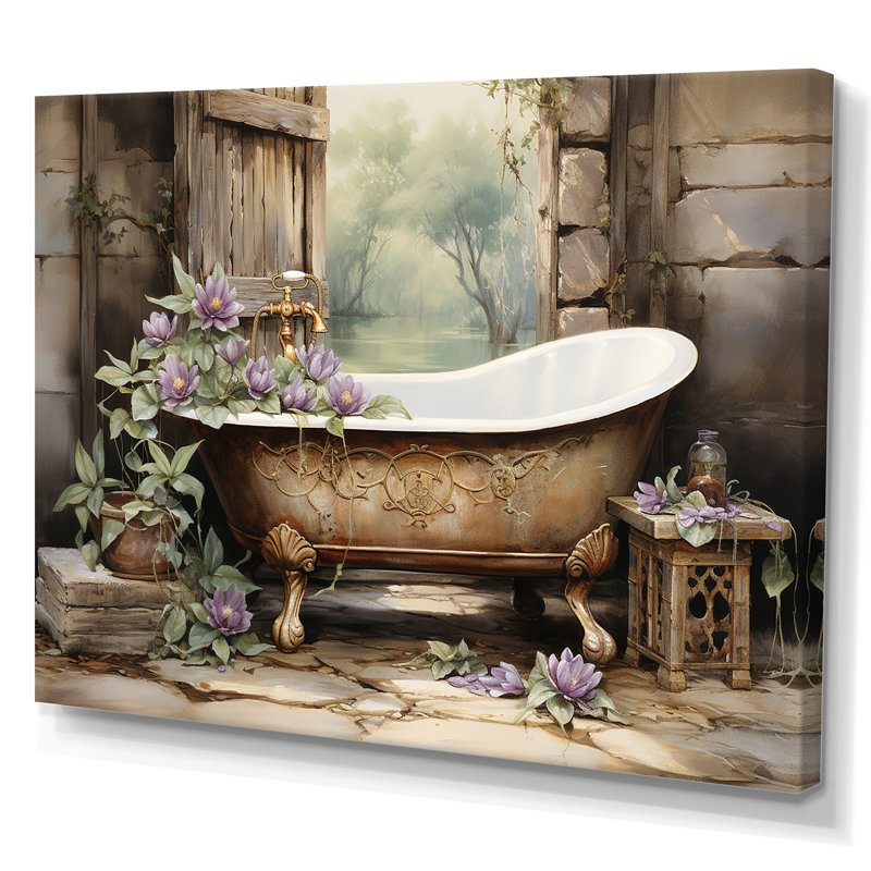 Farmhouse Bathaign Florals - Impression sur toile encadrée pour salle de bain, H 24 po x l 32 po x P 1 po